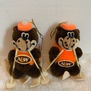 Vintage 1980 A&W Branded Skiing Bear Plush Ornaments - Brown & Orange (Set of 2)